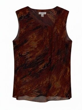COLDWATER CREEK Sleeveless Blouse Flame Inspired Abstract Print Red Brown SZ LG